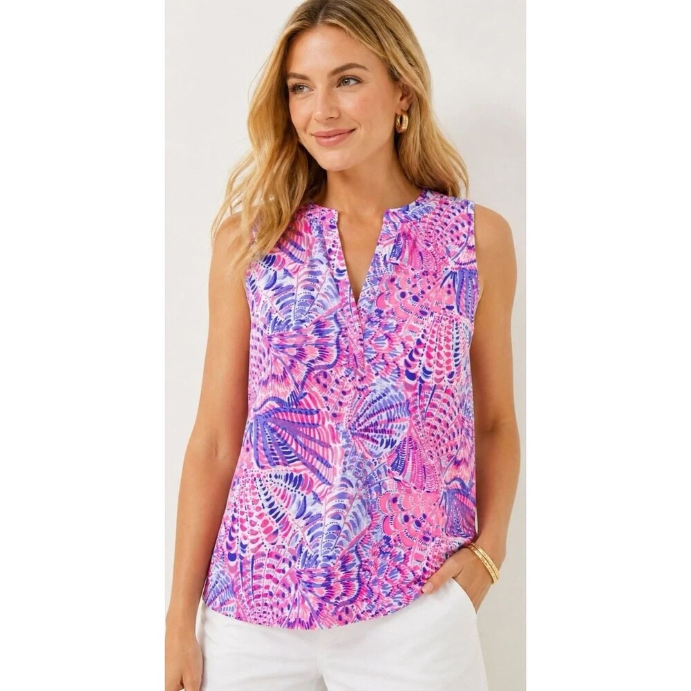 Lilly Pulitzer Dev Knit Top Sea You Soon Shell Print Cotton Tank Small